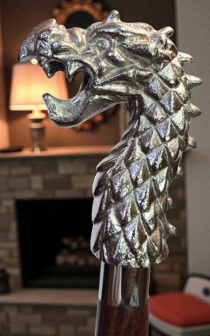 Z&STC Dragon Head Walking Stick Handcrafted Wooden Cane with Silver Handle