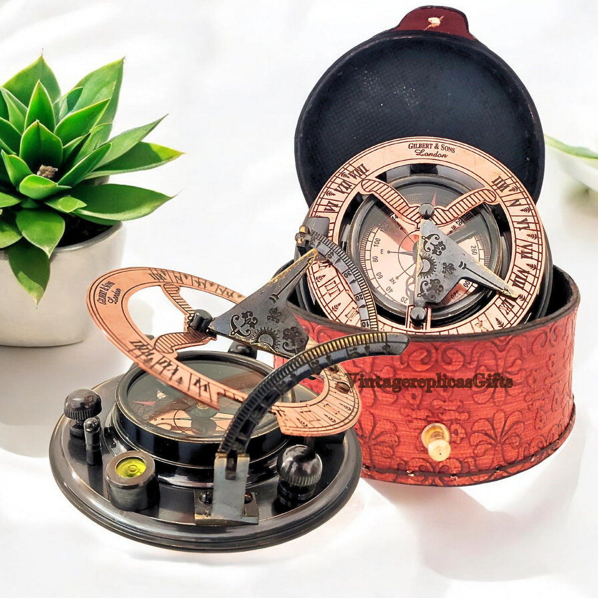 Vintage Brass Sundial Compass 4" with Leather Storage Box - Nautical Collectible