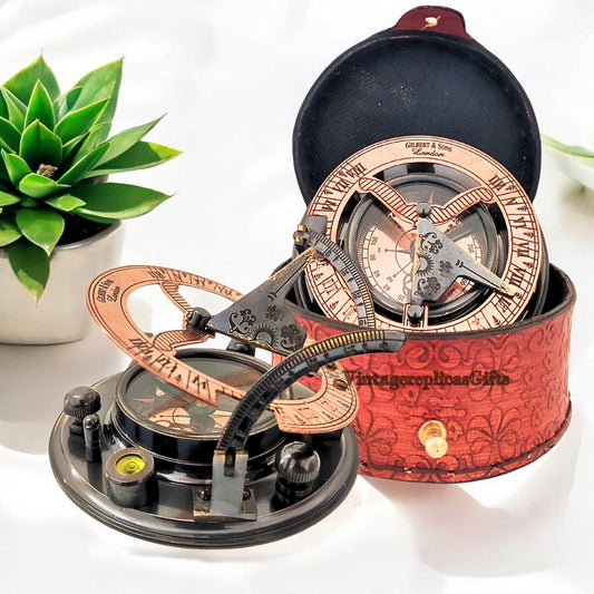 Vintage Brass Sundial Compass 4" with Leather Storage Box - Nautical Collectible