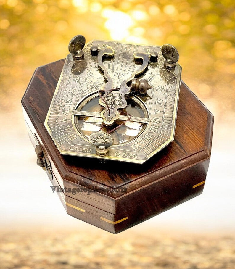 Antique Brass Pendulum Sundial Compass w/ Wooden Box Vintage Style Nautical Gift