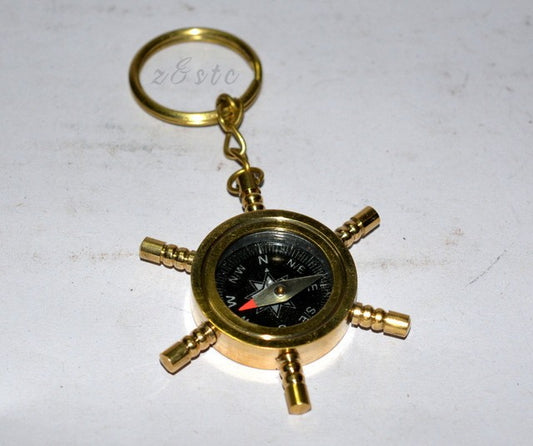 Decorative Brass Nautical Compass Key Chain – Ship Wheel Design Key Ring