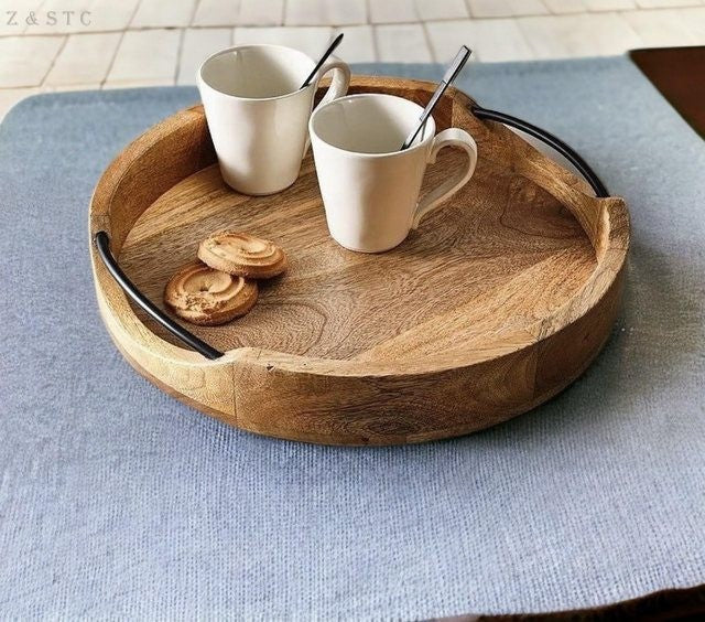 Artisan Crafted Mango Wood Tray – Rustic Square Serving Tray with Iron Handles.