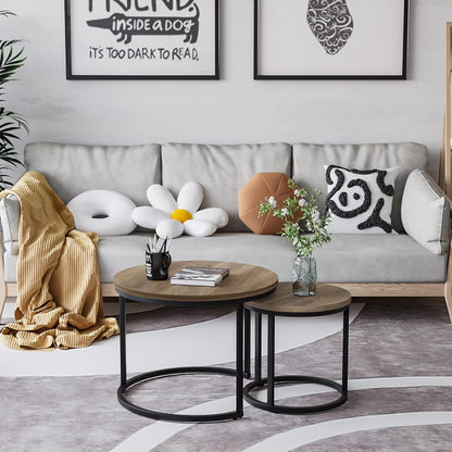 Space-Saving Round Nesting Coffee Table Set – 2 Wooden Industrial End Tables.