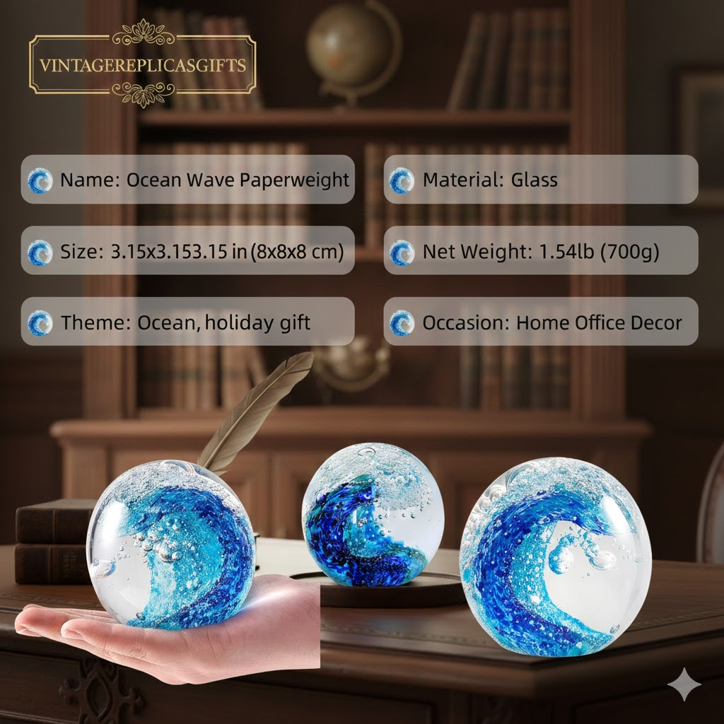Hand-Blown Glass Ocean Wave Paperweight – Marine Art Decor for Home, Office.