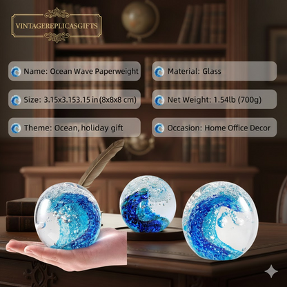 Hand-Blown Glass Ocean Wave Paperweight – Marine Art Decor for Home, Office.