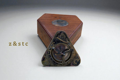 Gilbert & Sons Brass Sundial Compass – Vintage Triangular Design with Wooden Box