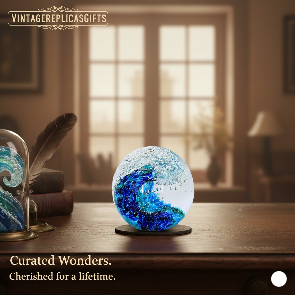 Hand-Blown Glass Ocean Wave Paperweight – Marine Art Decor for Home, Office.
