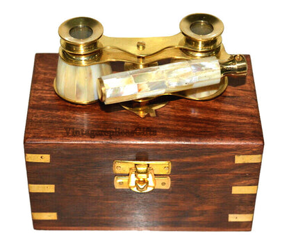 Brass 4" Mother of Pearl Binoculars – Nautical Maritime with Wooden Box