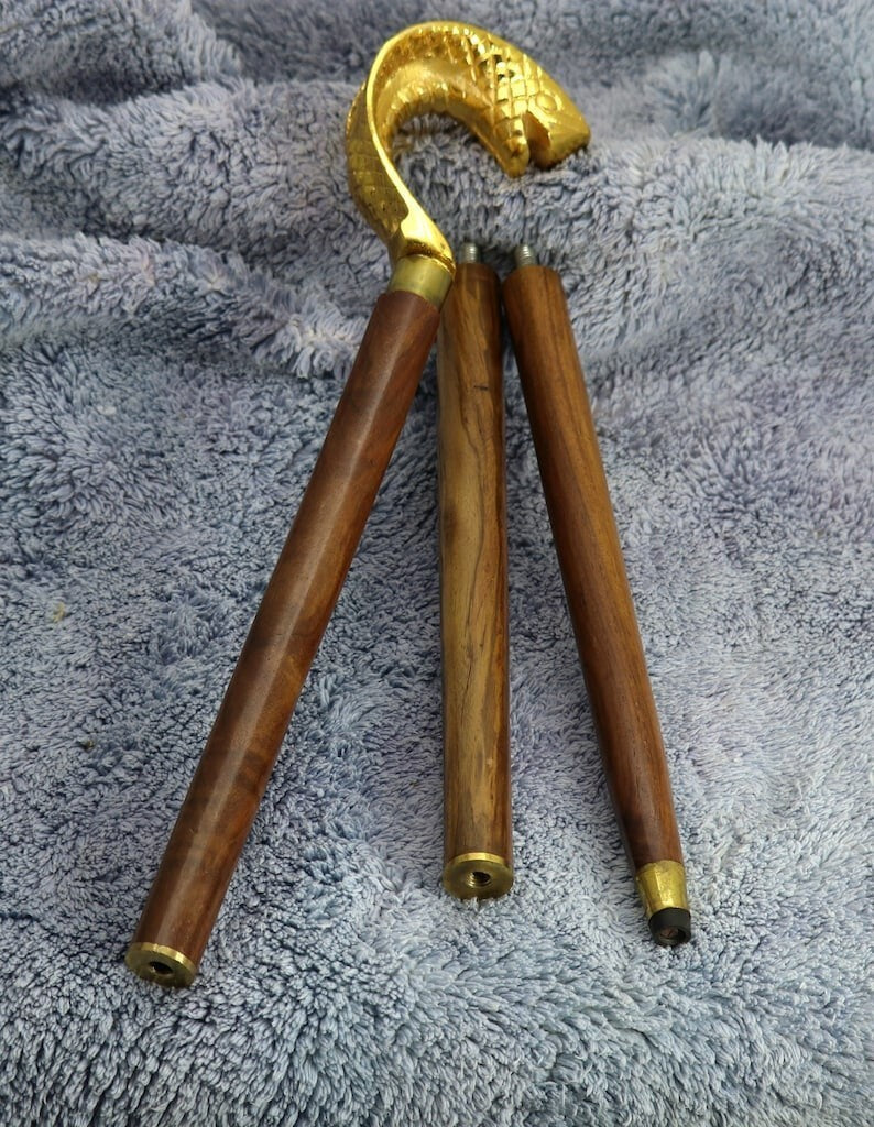 Victorian Brass Snake Head Walking Stick Wooden Cane Handmade 3 Fold
