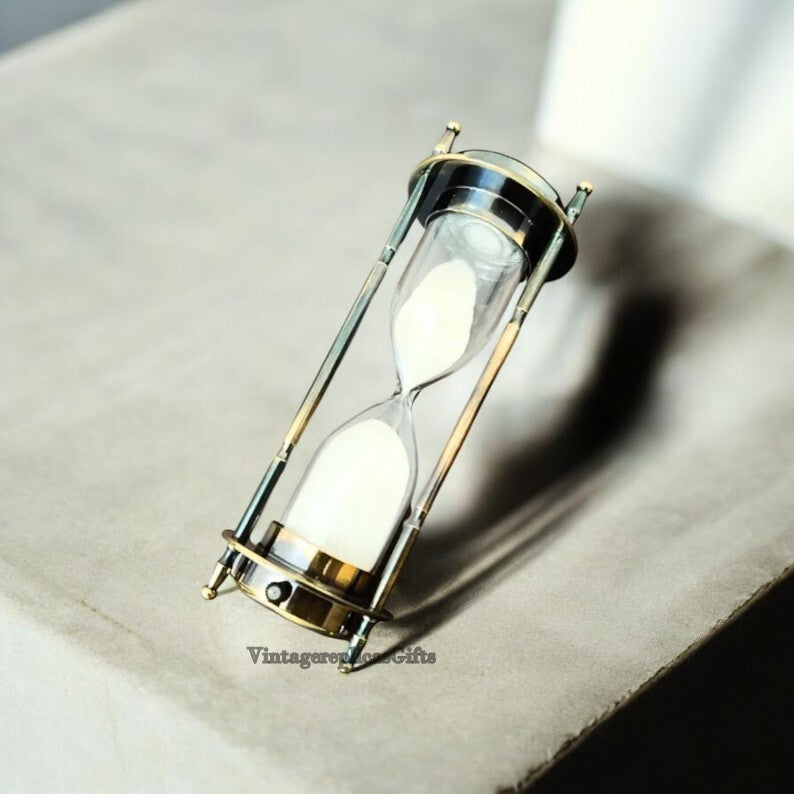 Antique Style Brass Hourglass Sand Timer with Elegant Clock & compass Home Decor
