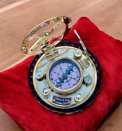 Vintage Brass Sundial Compass 4" with Leather Box - Nautical Collectible Gift