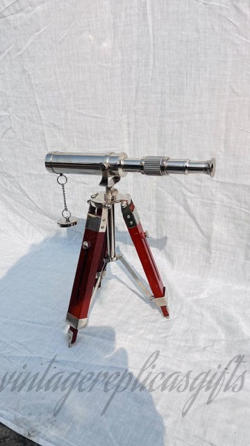 Vintage Brass Telescope on Wooden Tripod | Antique Nautical Spyglass | Maritime