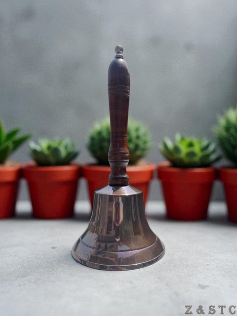 Vintage Nautical Brass Bell 2 Handheld School or Dinner Bell with Wooden handle