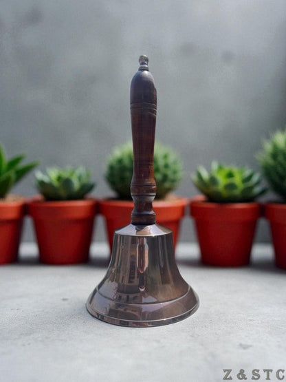 Vintage Nautical Brass Bell 2 Handheld School or Dinner Bell with Wooden handle