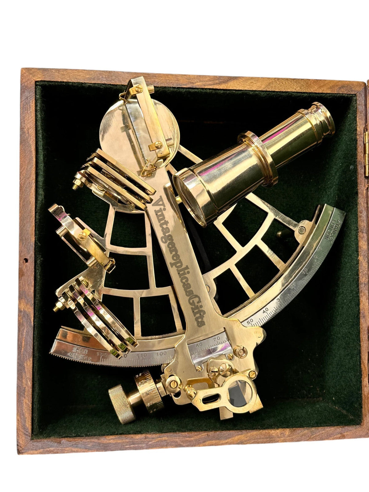 Antique Replica 9" Brass Sextant  Nautical Decor & Navigation Tool W/ wooden Box