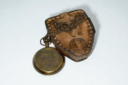 Vintage Brass Pocket Watch with Leather Case – Classic Collectible Timepiece