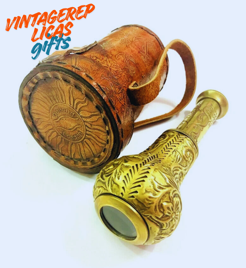 VintageReplicasGifts Mini Brass & Leather Telescope – Antique Nautical Spyglass