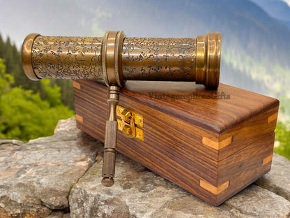 Vintage Brass Kaleidoscope w/ Wooden Box Engraved Custom Wedding Gift, Kids Toy