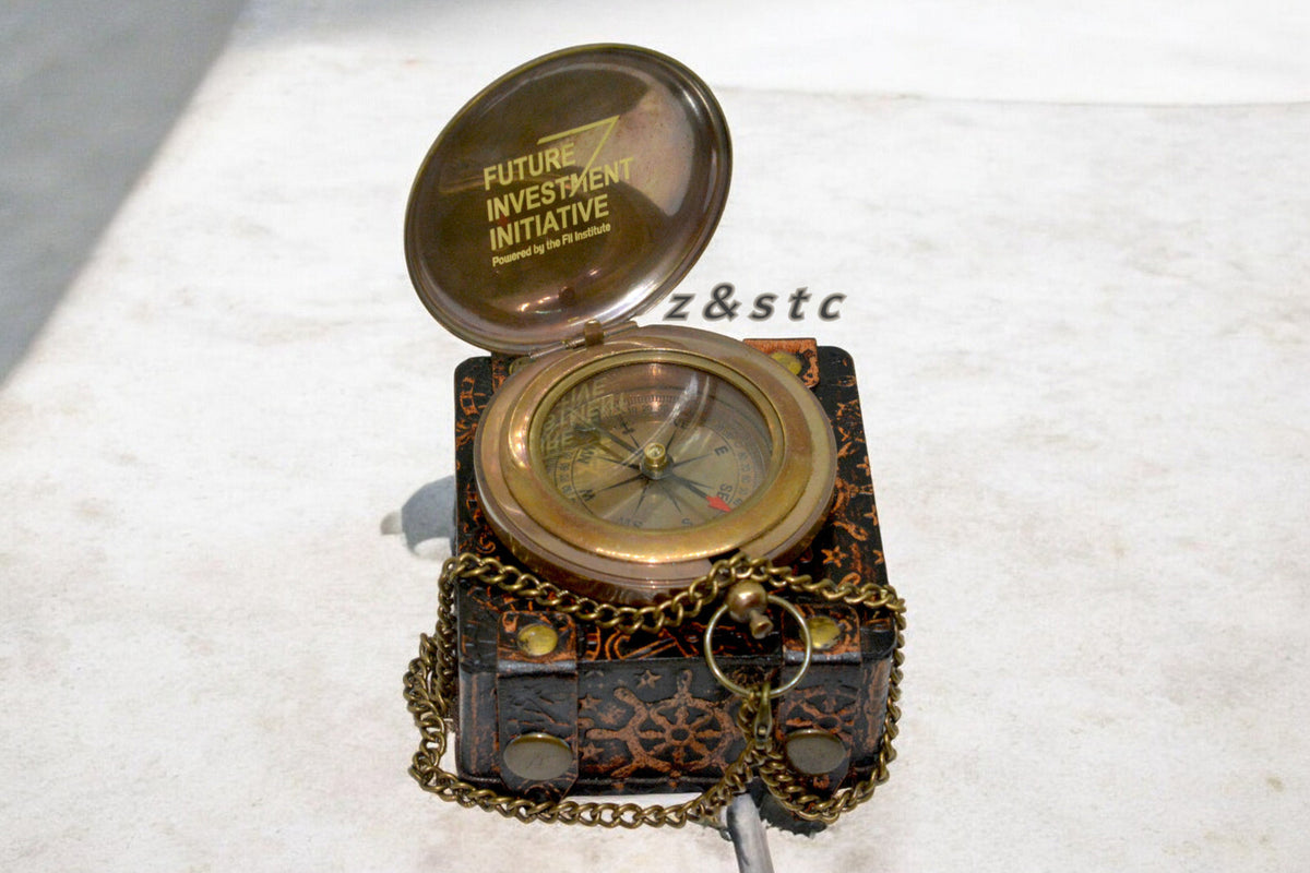 Brass Pocket Compass with Handmade with leather case – Perfect Gift for Him