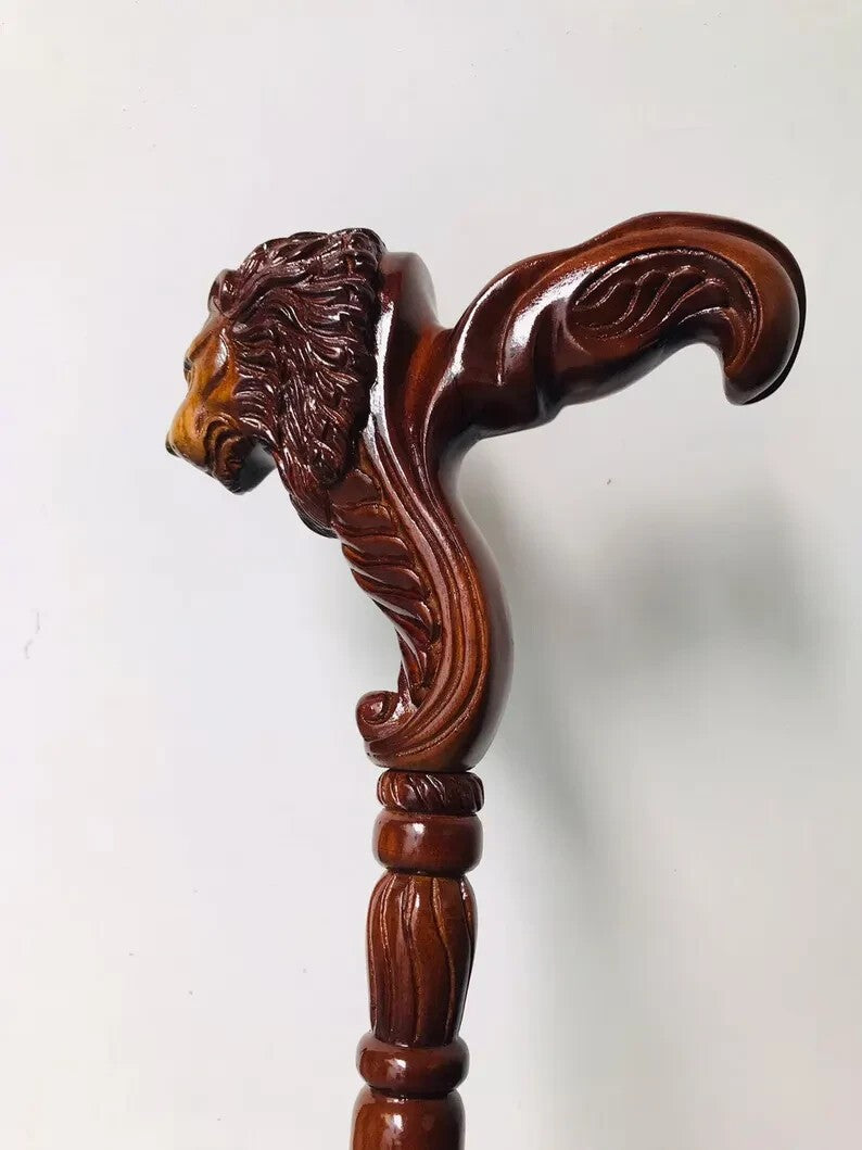 Lion Head Wooden Walking Cane | Handmade Vintage Gentleman’s Walking Stick