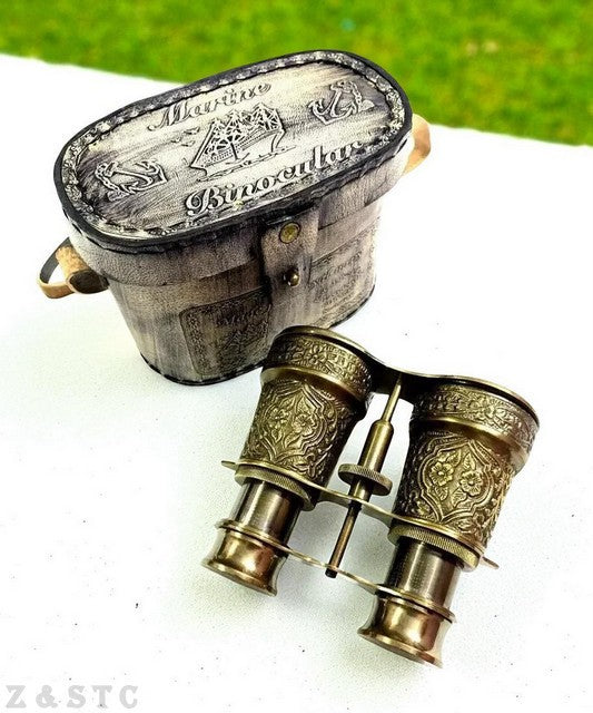 intage Brass Marine Binoculars in Leather Case Nautical Reproduction Décor Gift