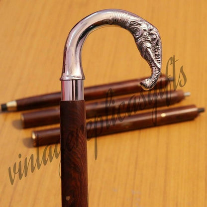Vintage Brass Elephant Head Walking Stick Cane 37” Wooden Shaft Chrome Handle Gi