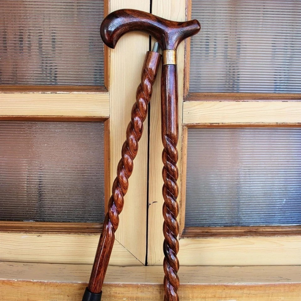 Wooden Walking Cane Derby Handle 2 Fold Handmade Travel Walking Stick 38"
