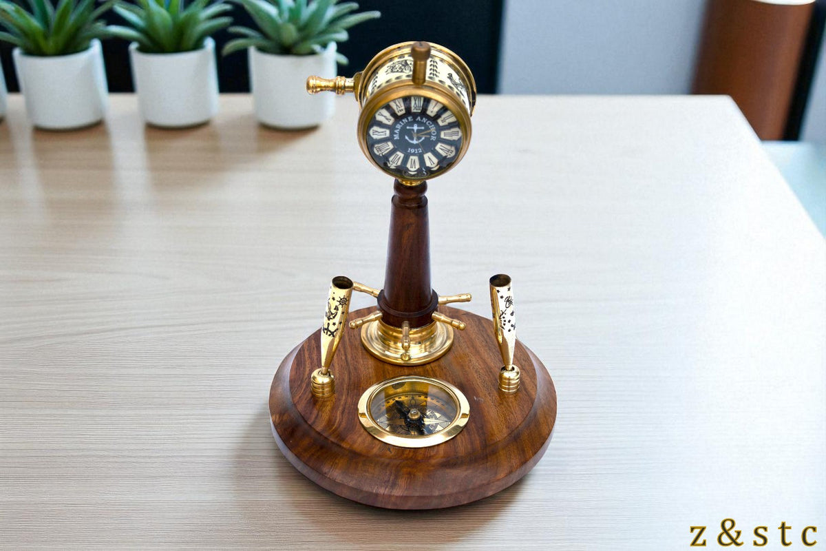 Wooden Brass Pen Holder with Built in Watch, Compass & Telegraph Decorative item