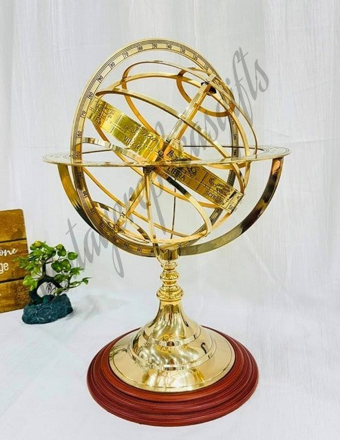 Vintage Brass Armillary Sphere Globe Wooden Base Antique Golden Finish Zodiac De