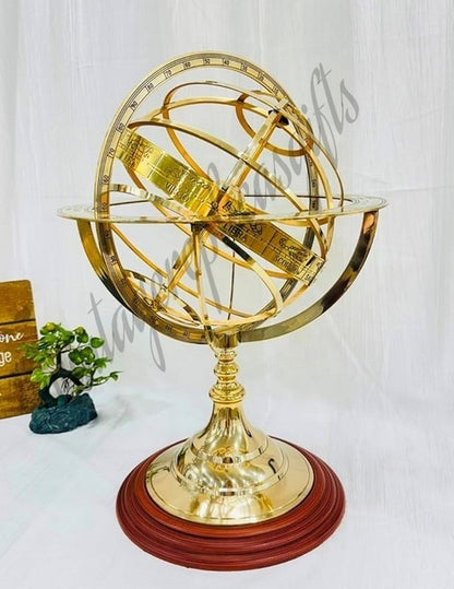 Vintage Brass Armillary Sphere Globe Wooden Base Antique Golden Finish Zodiac De