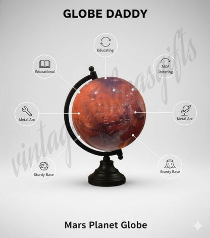 Premium Mars Planet Globe 360° Rotating | Detailed Topography Map