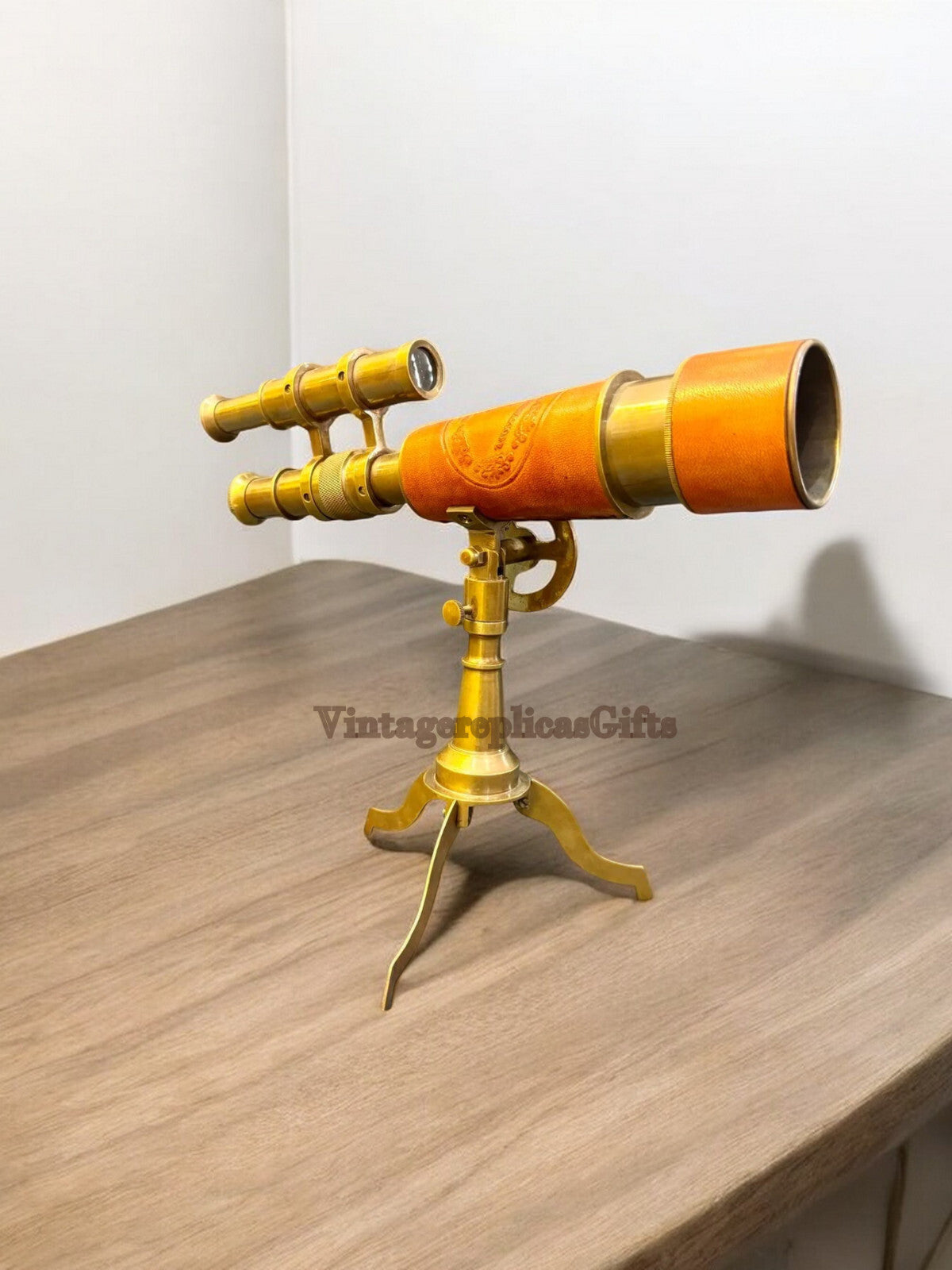 Brass & Leather Spyglass Double Barrel Telescope Tripod Home Office Decor Gift
