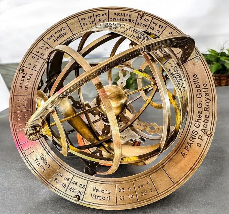 Vintage Brass 18'' Armillary Sphere Globe with Wooden Base Antique Style Gift