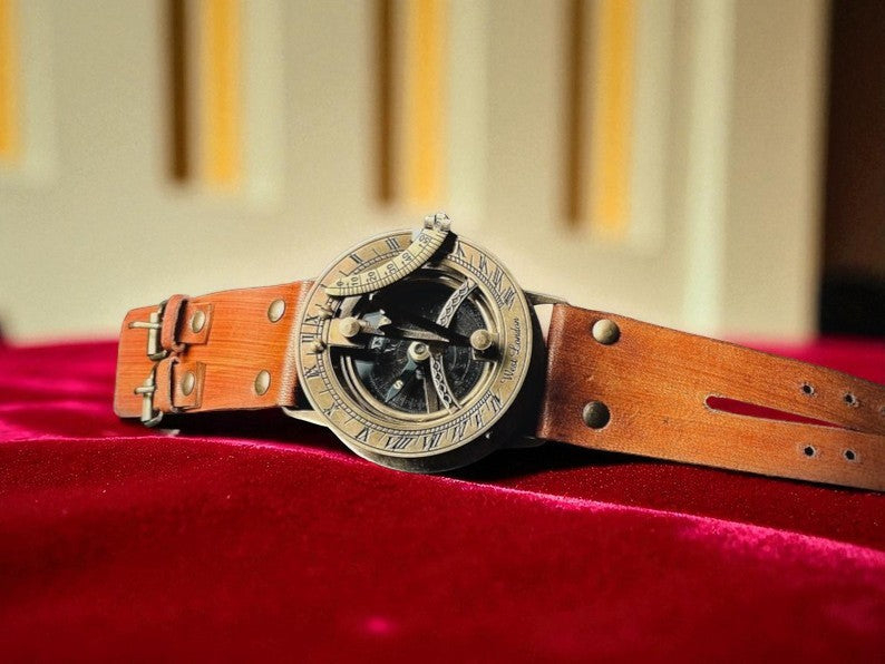 Vintage Maritime Brass Sundial Compass with Leather Strap Steampunk Wrist Watch