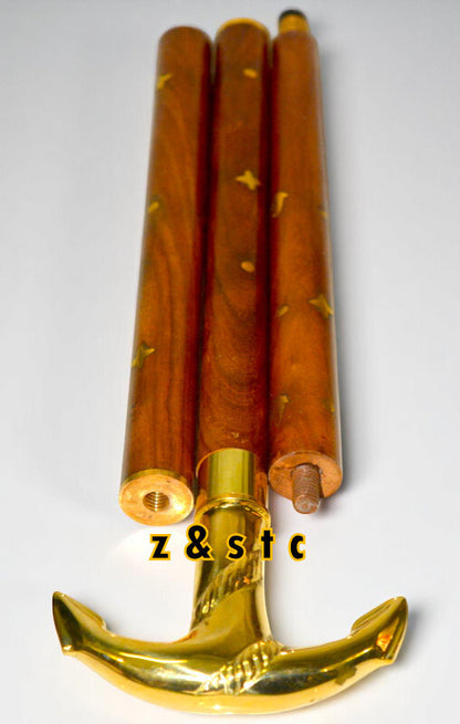 Handcrafted Wooden Walking Stick with Shiny Brass Handle