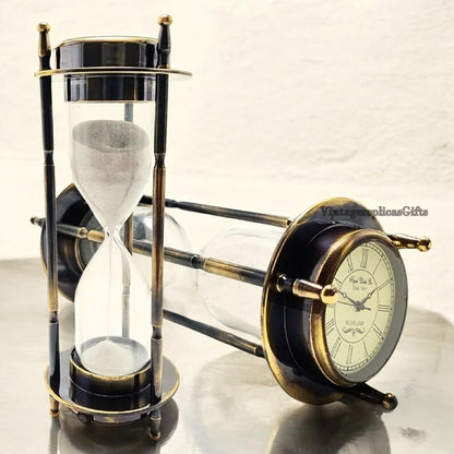 Antique Style Brass Hourglass Sand Timer with Elegant Clock & compass Home Decor