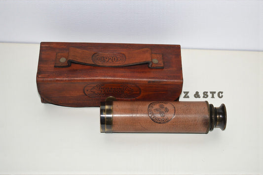 Brass Leather-Wrapped Telescope – Handheld Spyglass with Leather Case