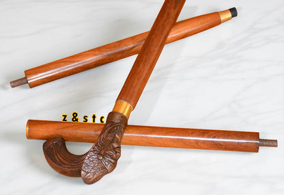 Brass mummy Head Walking Stick 3 Fold Wooden Cane with Accessories Gift