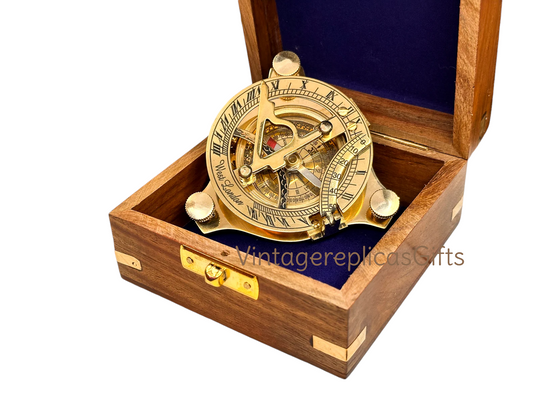 Vintage Brass sundial compass 3" with wooden box directional collectible gift