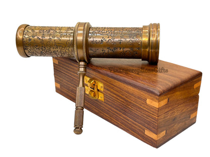 Vintage Brass Kaleidoscope w/ Wooden Box Engraved Custom Wedding Gift, Kids Toy