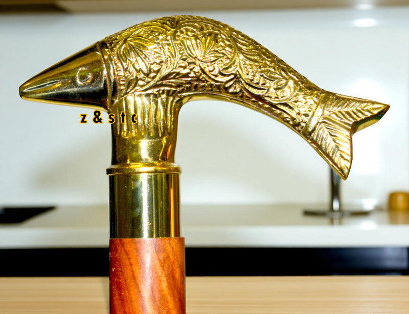 Beautiful Walking Cane with Unique Brass Fish Head Top