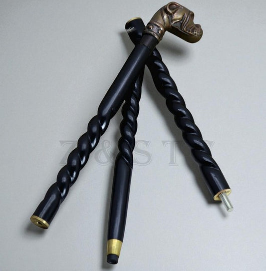 Brass Dog Head Cane Handle with Wooden Stick Handmade Walking Cane