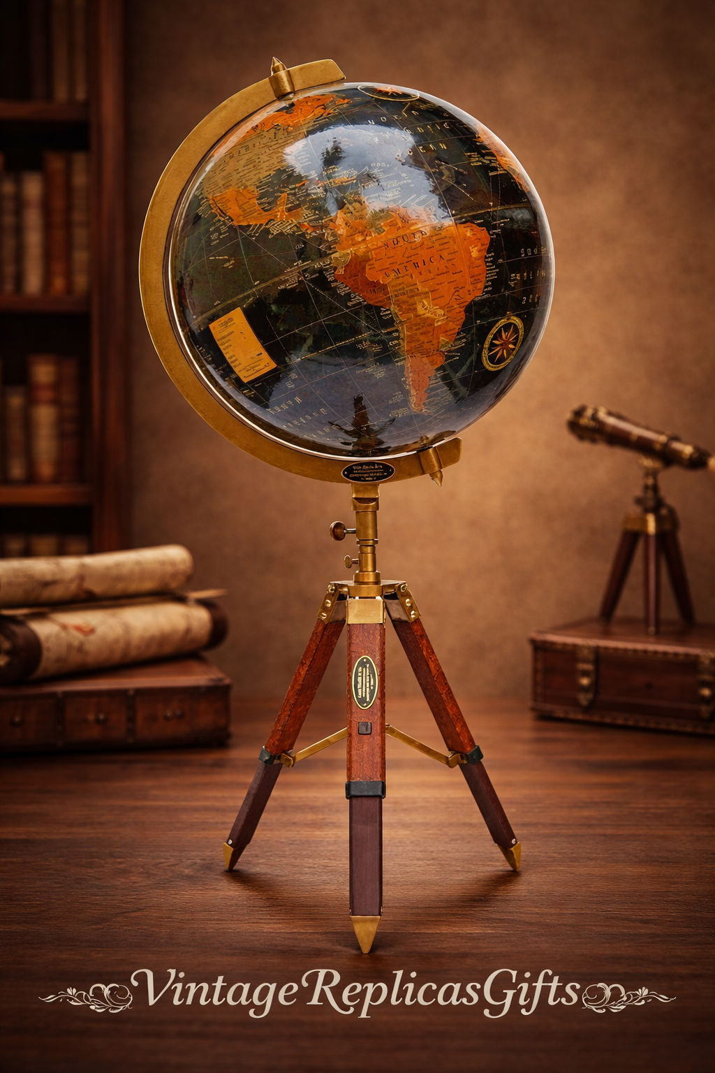18" Antique Black Ocean World Globe on Tripod Stand Rotating Desktop Floor Globe