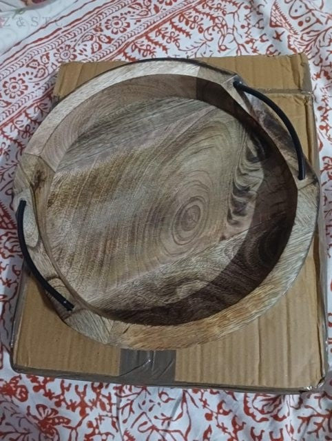 Artisan Crafted Mango Wood Tray – Rustic Square Serving Tray with Iron Handles.