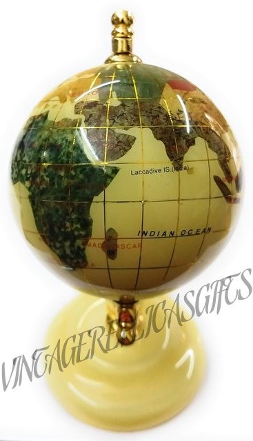 Rare Vintage Gemstone World Globe 3" Off-White Ocean with Golden Stand Handmade