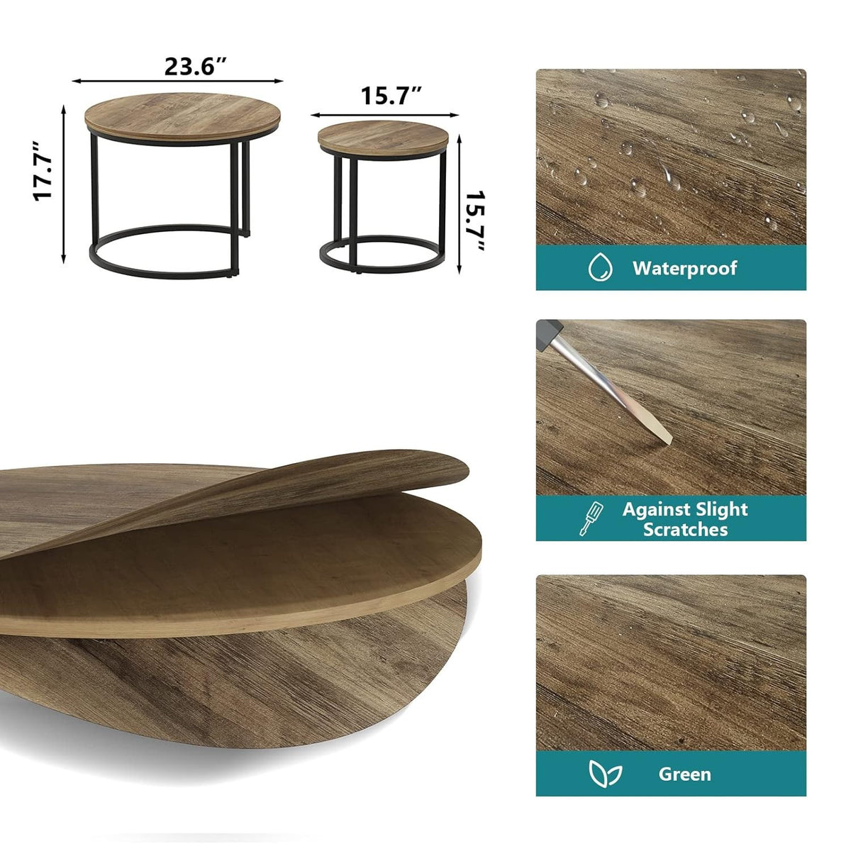 Space-Saving Round Nesting Coffee Table Set – 2 Wooden Industrial End Tables.