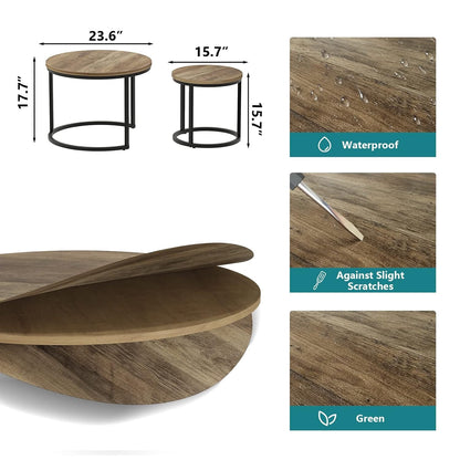 Space-Saving Round Nesting Coffee Table Set – 2 Wooden Industrial End Tables.