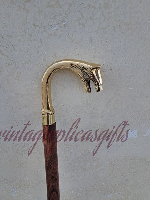 Wolf Head Brass Handle Walking Stick 37" Wooden Cane Handmade Antique Vin