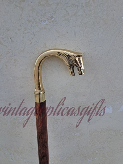Wolf Head Brass Handle Walking Stick 37" Wooden Cane Handmade Antique Vin
