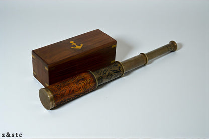 Nautical Brass Spyglass Telescope in Handcrafted Wooden Box – Maritime Decor